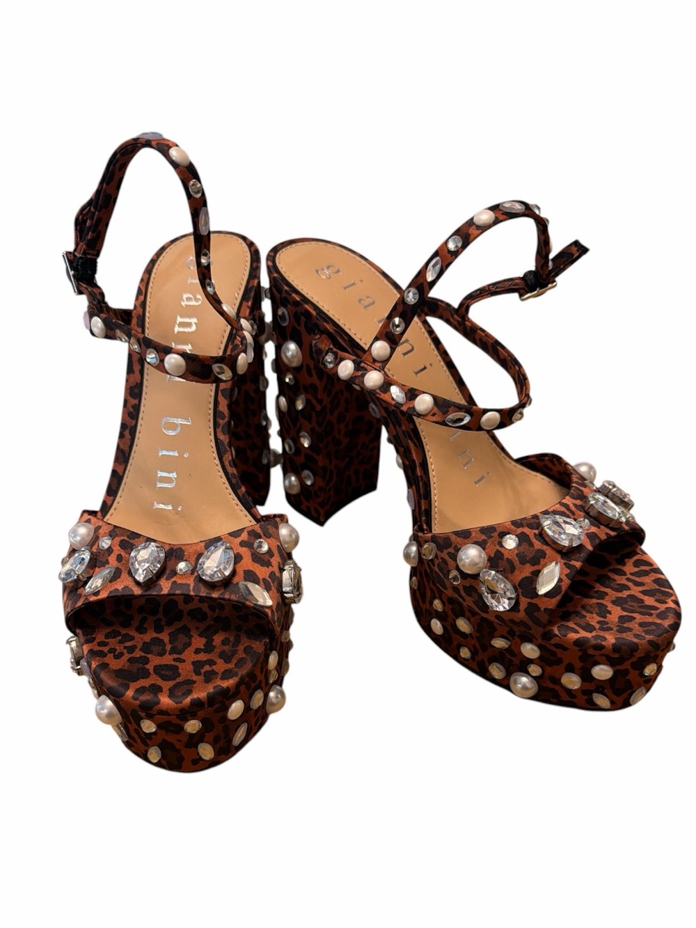 Gianni Bini Leopard Pearl Rhinestone Platform Heels Ankle Strap 8.5 NWOB